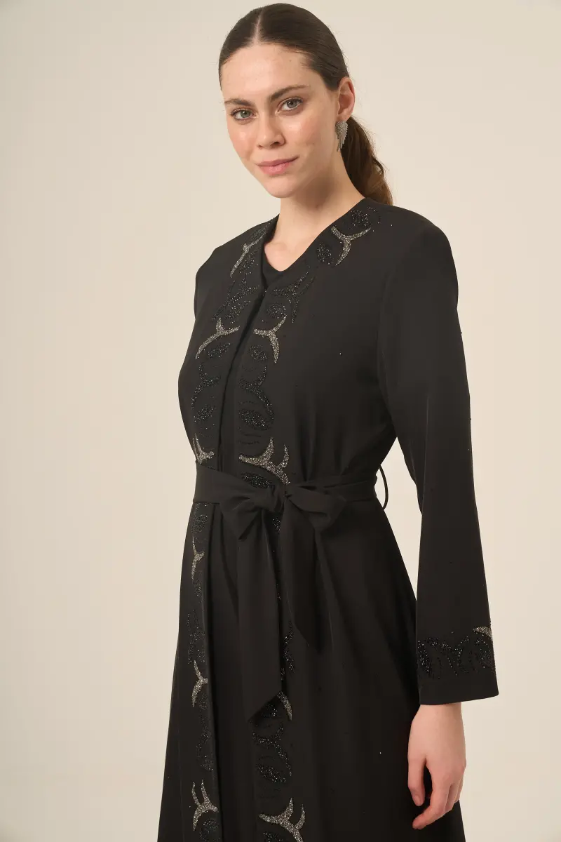 Si̇yah İki̇ Parça Kri̇stal Taş Detaylı Abaya 6517-25 Siyah - 4