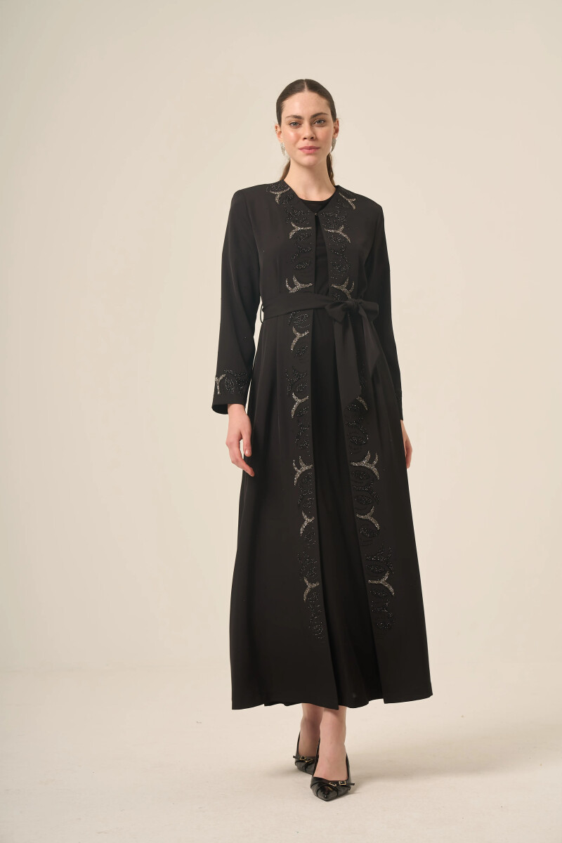 Si̇yah İki̇ Parça Kri̇stal Taş Detaylı Abaya 6517-25 Siyah - Derin Store