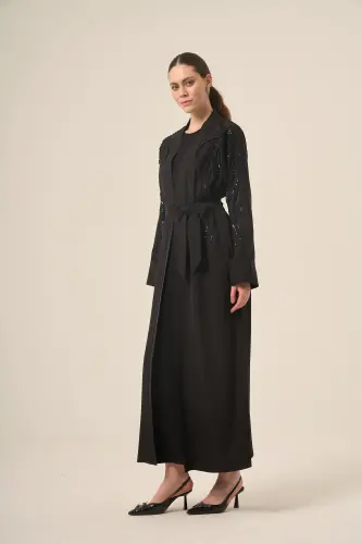 Si̇yah İki̇ Parça Reglan Kol Kri̇stal Taş İşlemeli̇ Seyyar Kemerli̇ Abaya 6520-25 Siyah - 1