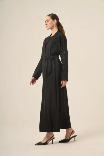 Si̇yah İki̇ Parça Reglan Kol Kri̇stal Taş İşlemeli̇ Seyyar Kemerli̇ Abaya 6520-25 Siyah - 2