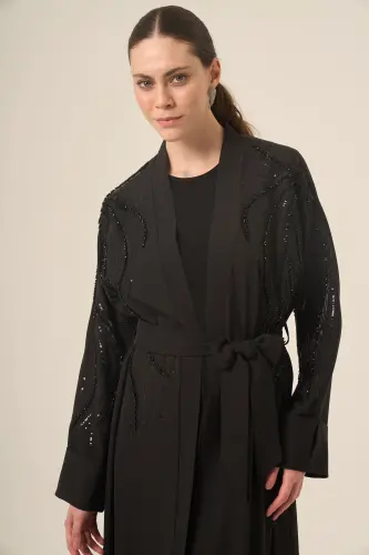 Si̇yah İki̇ Parça Reglan Kol Kri̇stal Taş İşlemeli̇ Seyyar Kemerli̇ Abaya 6520-25 Siyah - 3