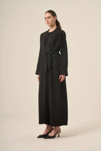 Si̇yah İki̇ Parça Reglan Kol Kri̇stal Taş İşlemeli̇ Seyyar Kemerli̇ Abaya 6520-25 Siyah - 5