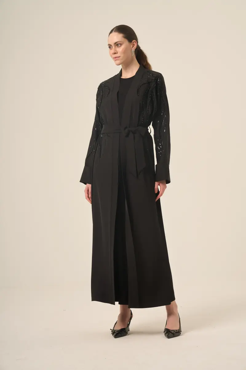 Si̇yah İki̇ Parça Reglan Kol Kri̇stal Taş İşlemeli̇ Seyyar Kemerli̇ Abaya 6520-25 Siyah - 6