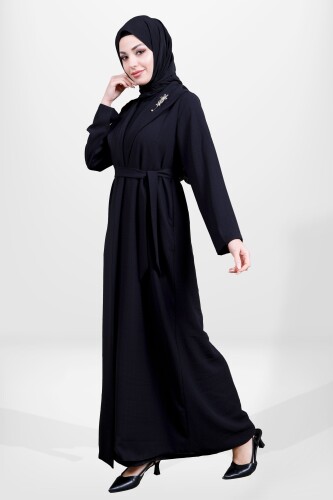 Siyah İki Parça Şal Yaka Seyyar Kemerli Tesettür Abaya 3980-25 - 1