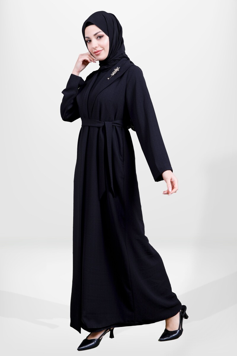 Siyah İki Parça Şal Yaka Seyyar Kemerli Tesettür Abaya 3980-25 - 1
