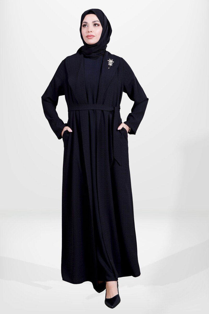 Siyah İki Parça Şal Yaka Seyyar Kemerli Tesettür Abaya 3980-25 - 2