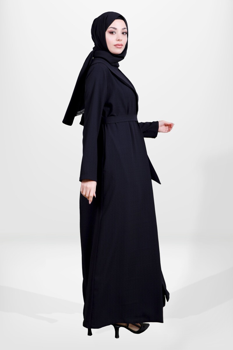 Siyah İki Parça Şal Yaka Seyyar Kemerli Tesettür Abaya 3980-25 - 3