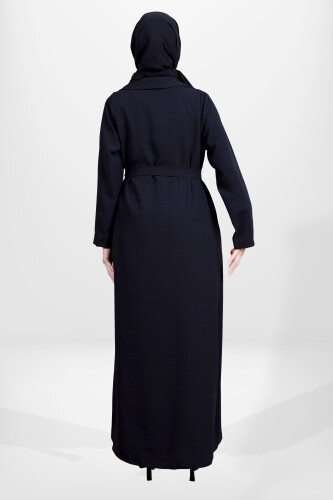 Siyah İki Parça Şal Yaka Seyyar Kemerli Tesettür Abaya 3980-25 - 4