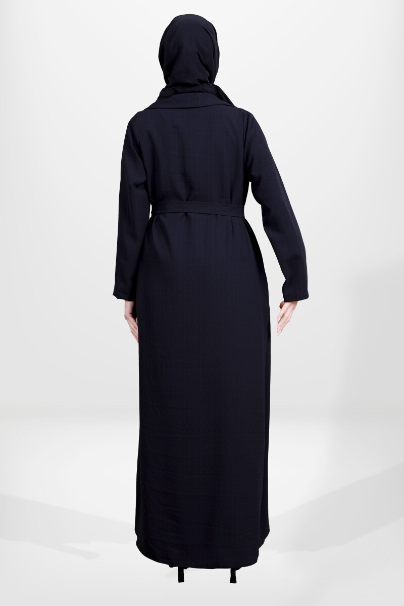 Siyah İki Parça Şal Yaka Seyyar Kemerli Tesettür Abaya 3980-25 - 4