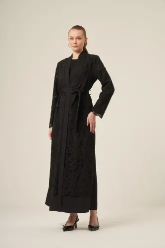 Si̇yah İki̇ Parça Yakma Çi̇çek Desenli̇ Seyyar Kemerli̇ Abaya 6543-25 Si̇yah - 1