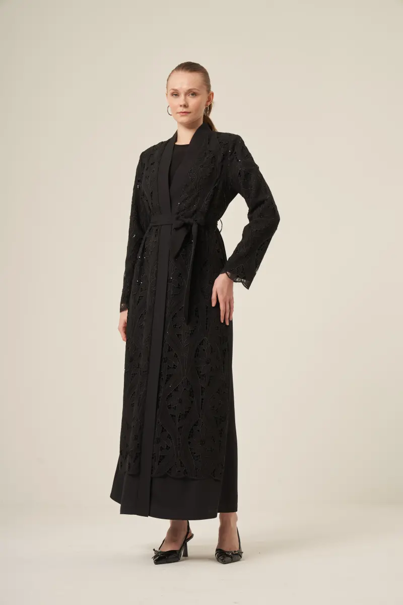 Si̇yah İki̇ Parça Yakma Çi̇çek Desenli̇ Seyyar Kemerli̇ Abaya 6543-25 Si̇yah - 1