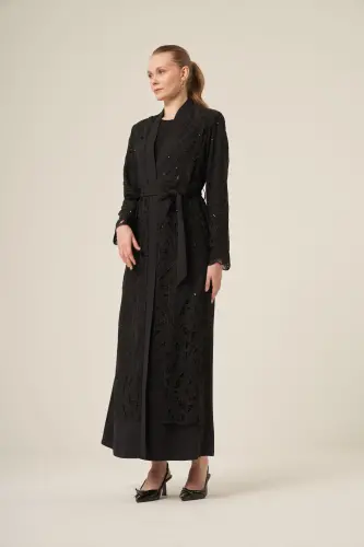 Si̇yah İki̇ Parça Yakma Çi̇çek Desenli̇ Seyyar Kemerli̇ Abaya 6543-25 Si̇yah - 2