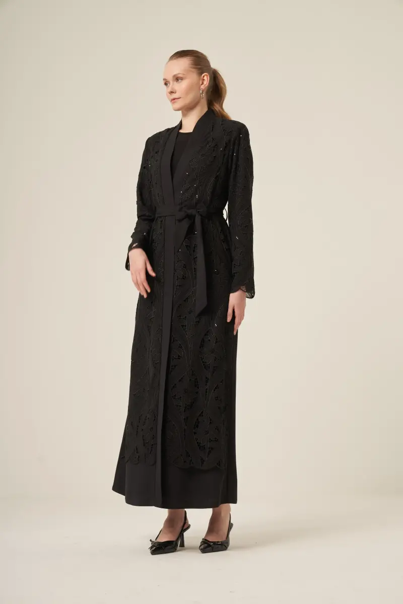 Si̇yah İki̇ Parça Yakma Çi̇çek Desenli̇ Seyyar Kemerli̇ Abaya 6543-25 Si̇yah - 2