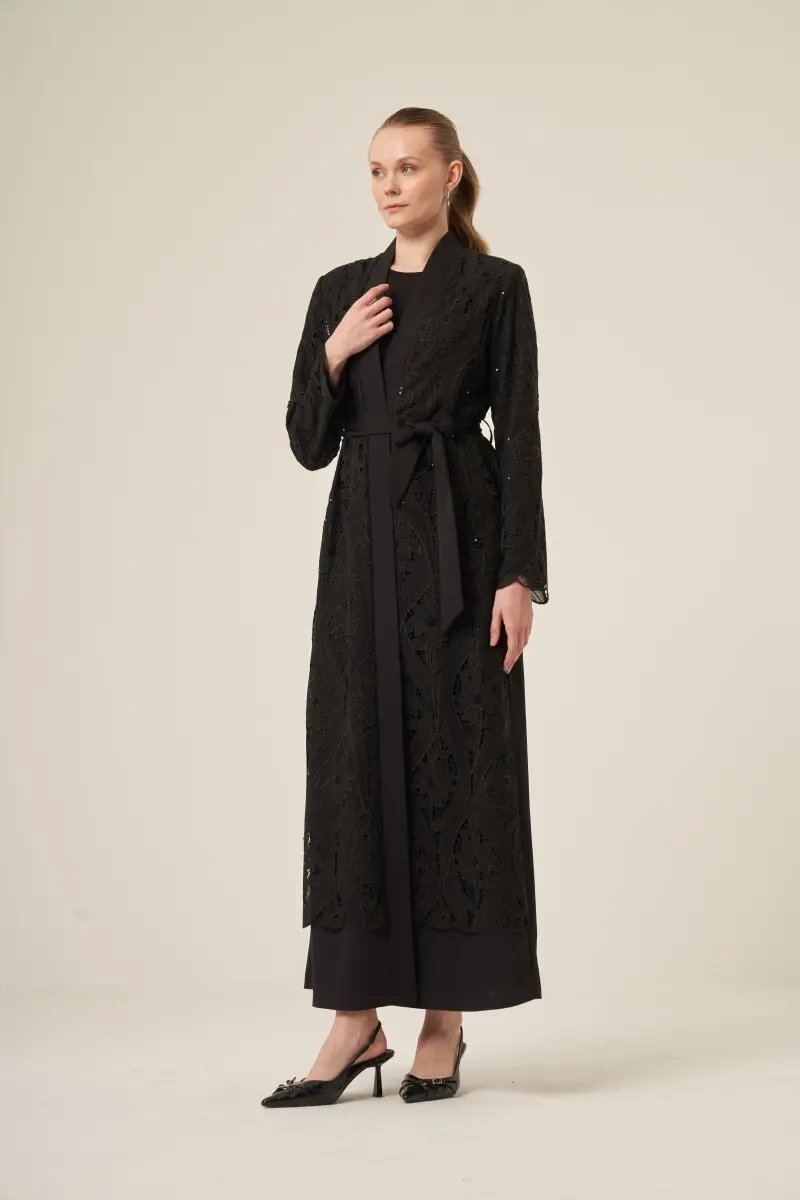 Si̇yah İki̇ Parça Yakma Çi̇çek Desenli̇ Seyyar Kemerli̇ Abaya 6543-25 Si̇yah - 3