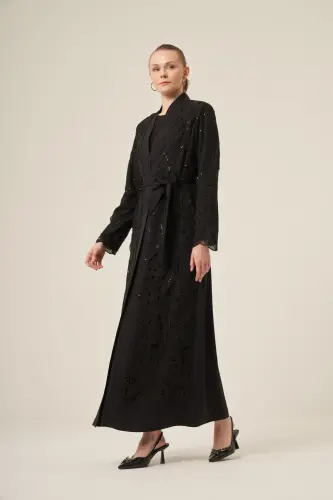 Si̇yah İki̇ Parça Yakma Çi̇çek Desenli̇ Seyyar Kemerli̇ Abaya 6543-25 Si̇yah - 4