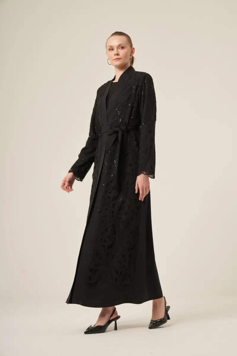 Si̇yah İki̇ Parça Yakma Çi̇çek Desenli̇ Seyyar Kemerli̇ Abaya 6543-25 Si̇yah - 4