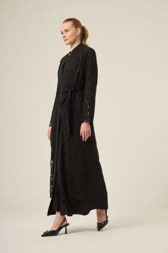 Si̇yah İki̇ Parça Yakma Çi̇çek Desenli̇ Seyyar Kemerli̇ Abaya 6543-25 Si̇yah - 5