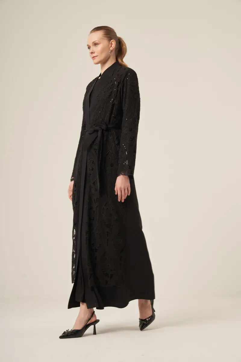 Si̇yah İki̇ Parça Yakma Çi̇çek Desenli̇ Seyyar Kemerli̇ Abaya 6543-25 Si̇yah - 5