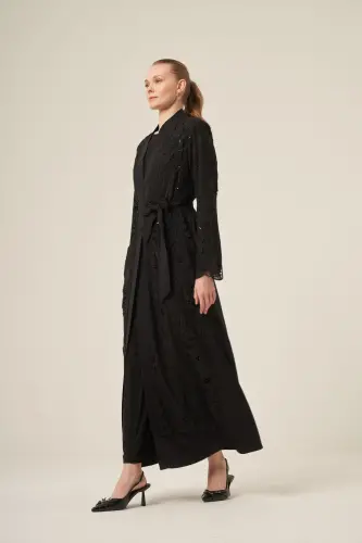 Si̇yah İki̇ Parça Yakma Çi̇çek Desenli̇ Seyyar Kemerli̇ Abaya 6543-25 Si̇yah - 6