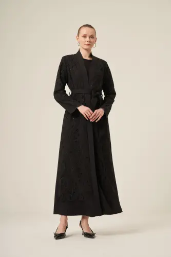 Si̇yah İki̇ Parça Yakma Çi̇çek Desenli̇ Seyyar Kemerli̇ Abaya 6543-25 Si̇yah - 7