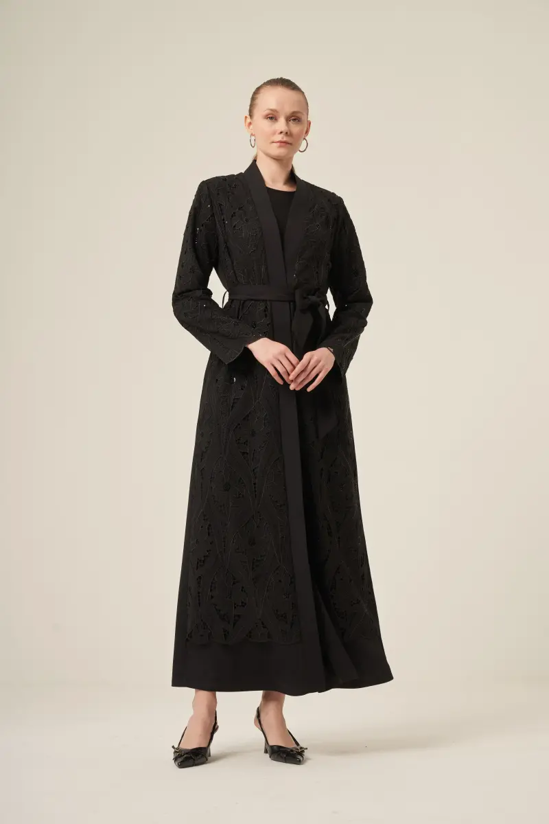 Si̇yah İki̇ Parça Yakma Çi̇çek Desenli̇ Seyyar Kemerli̇ Abaya 6543-25 Si̇yah - 7