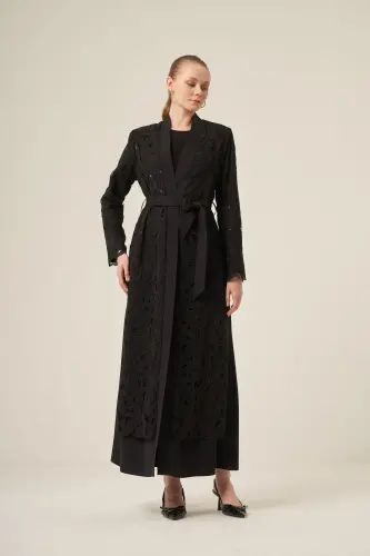 Si̇yah İki̇ Parça Yakma Çi̇çek Desenli̇ Seyyar Kemerli̇ Abaya 6543-25 Si̇yah - 8