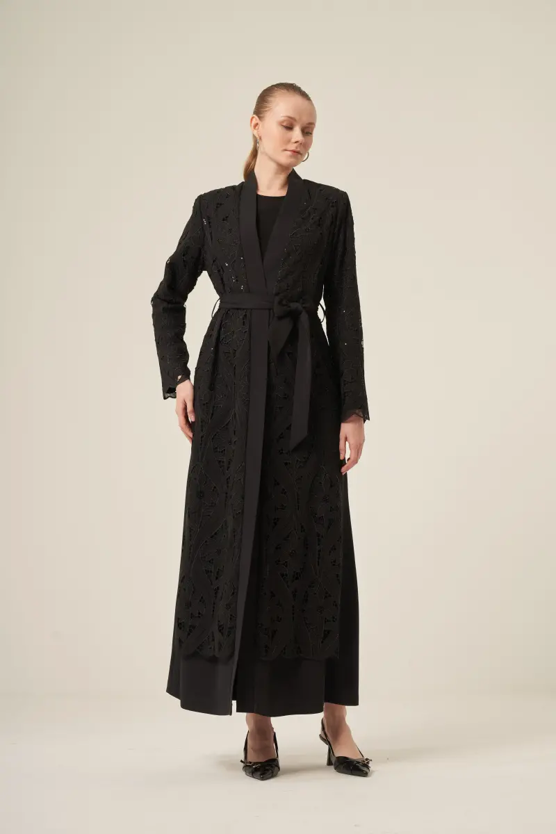Si̇yah İki̇ Parça Yakma Çi̇çek Desenli̇ Seyyar Kemerli̇ Abaya 6543-25 Si̇yah - 8