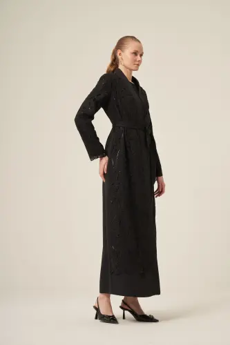 Si̇yah İki̇ Parça Yakma Çi̇çek Desenli̇ Seyyar Kemerli̇ Abaya 6543-25 Si̇yah - 9
