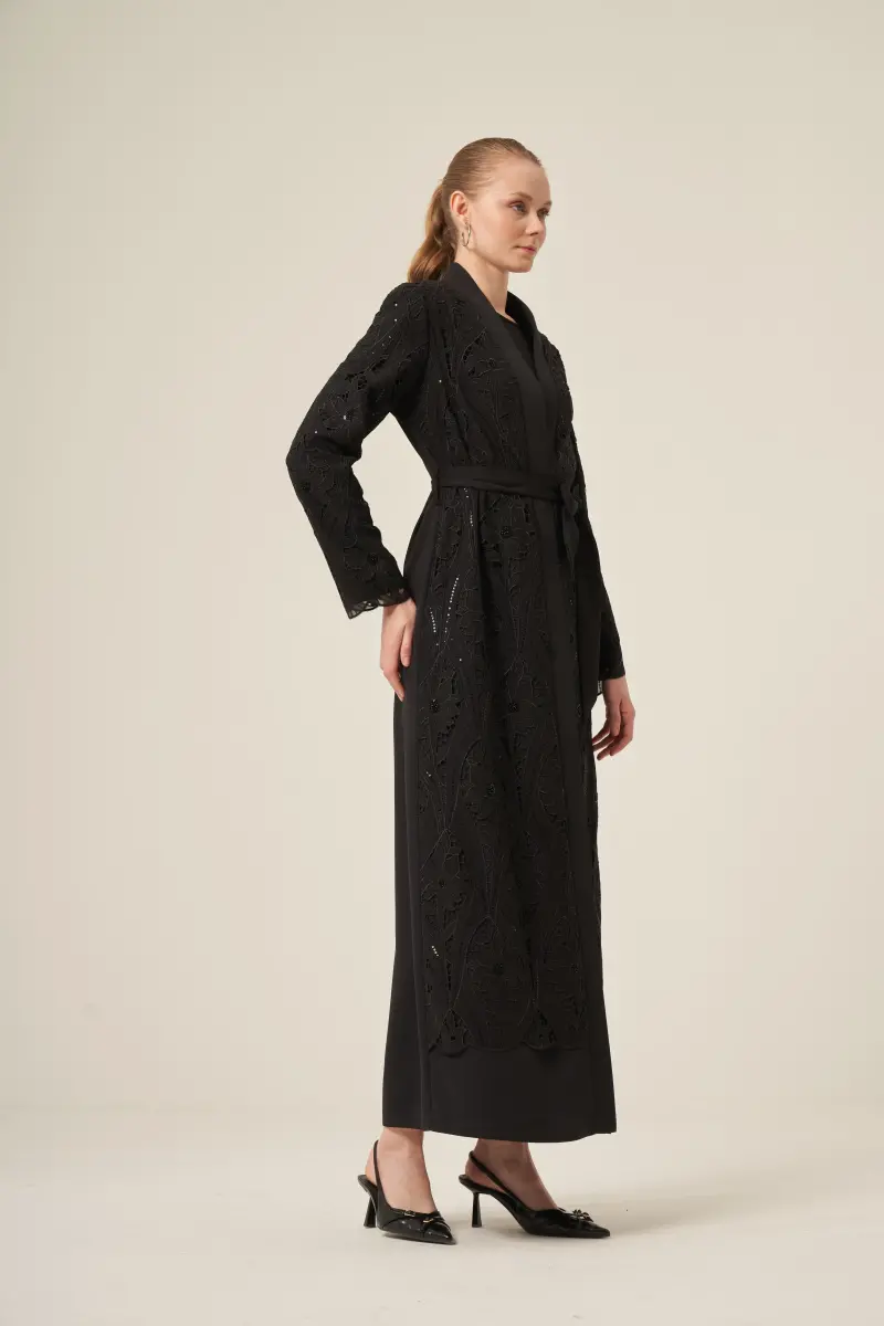 Si̇yah İki̇ Parça Yakma Çi̇çek Desenli̇ Seyyar Kemerli̇ Abaya 6543-25 Si̇yah - 9