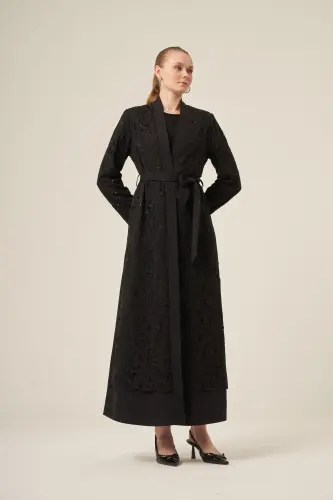 Si̇yah İki̇ Parça Yakma Çi̇çek Desenli̇ Seyyar Kemerli̇ Abaya 6543-25 Si̇yah - 10