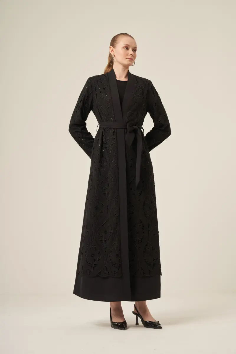 Si̇yah İki̇ Parça Yakma Çi̇çek Desenli̇ Seyyar Kemerli̇ Abaya 6543-25 Si̇yah - 10