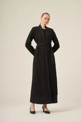 Si̇yah İki̇ Parça Yakma Çi̇çek Desenli̇ Seyyar Kemerli̇ Abaya 6543-25 Si̇yah - 11