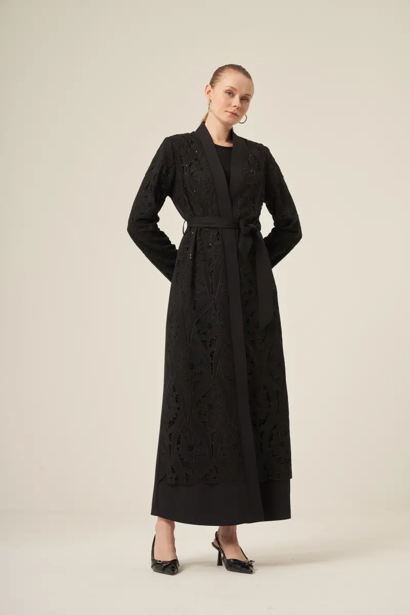 Si̇yah İki̇ Parça Yakma Çi̇çek Desenli̇ Seyyar Kemerli̇ Abaya 6543-25 Si̇yah - 11