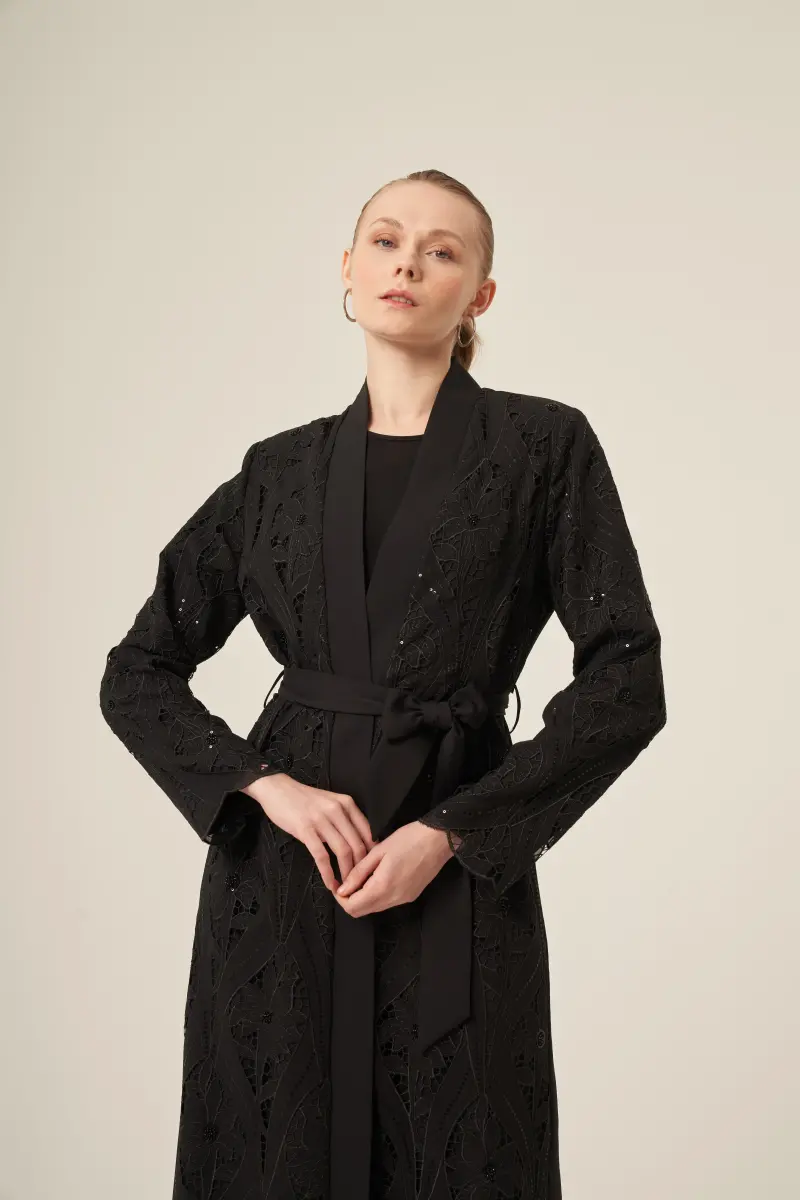 Si̇yah İki̇ Parça Yakma Çi̇çek Desenli̇ Seyyar Kemerli̇ Abaya 6543-25 Si̇yah - 12