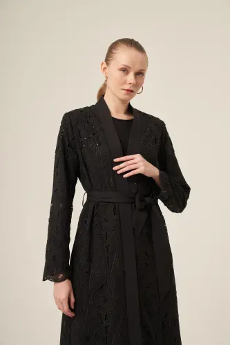 Si̇yah İki̇ Parça Yakma Çi̇çek Desenli̇ Seyyar Kemerli̇ Abaya 6543-25 Si̇yah - 13