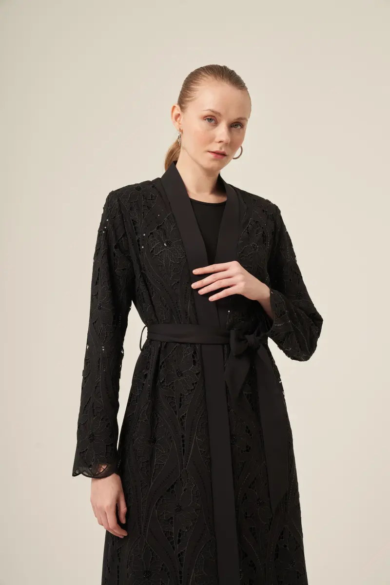 Si̇yah İki̇ Parça Yakma Çi̇çek Desenli̇ Seyyar Kemerli̇ Abaya 6543-25 Si̇yah - 13