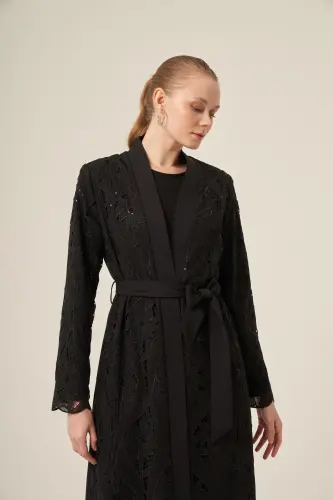 Si̇yah İki̇ Parça Yakma Çi̇çek Desenli̇ Seyyar Kemerli̇ Abaya 6543-25 Si̇yah - 14