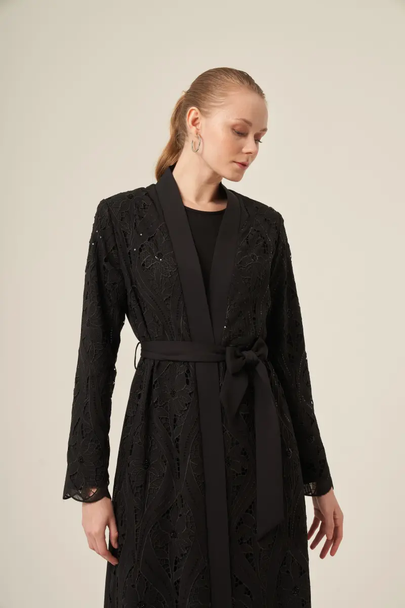 Si̇yah İki̇ Parça Yakma Çi̇çek Desenli̇ Seyyar Kemerli̇ Abaya 6543-25 Si̇yah - 14