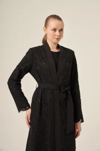 Si̇yah İki̇ Parça Yakma Çi̇çek Desenli̇ Seyyar Kemerli̇ Abaya 6543-25 Si̇yah - 15
