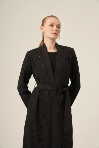 Si̇yah İki̇ Parça Yakma Çi̇çek Desenli̇ Seyyar Kemerli̇ Abaya 6543-25 Si̇yah - 16