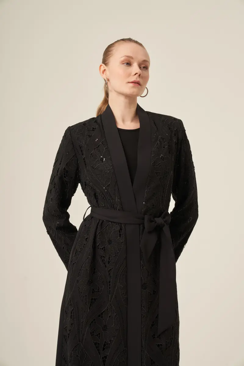 Si̇yah İki̇ Parça Yakma Çi̇çek Desenli̇ Seyyar Kemerli̇ Abaya 6543-25 Si̇yah - 16