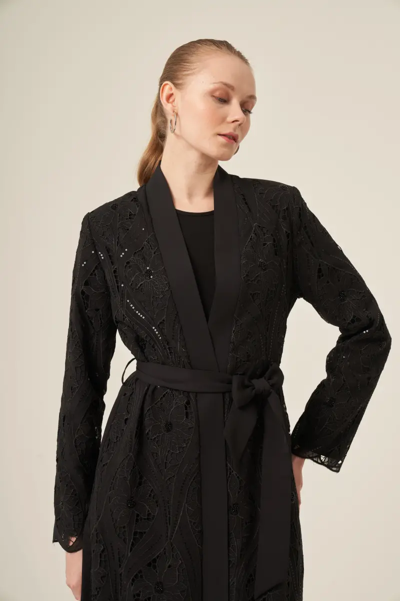Si̇yah İki̇ Parça Yakma Çi̇çek Desenli̇ Seyyar Kemerli̇ Abaya 6543-25 Si̇yah - 17