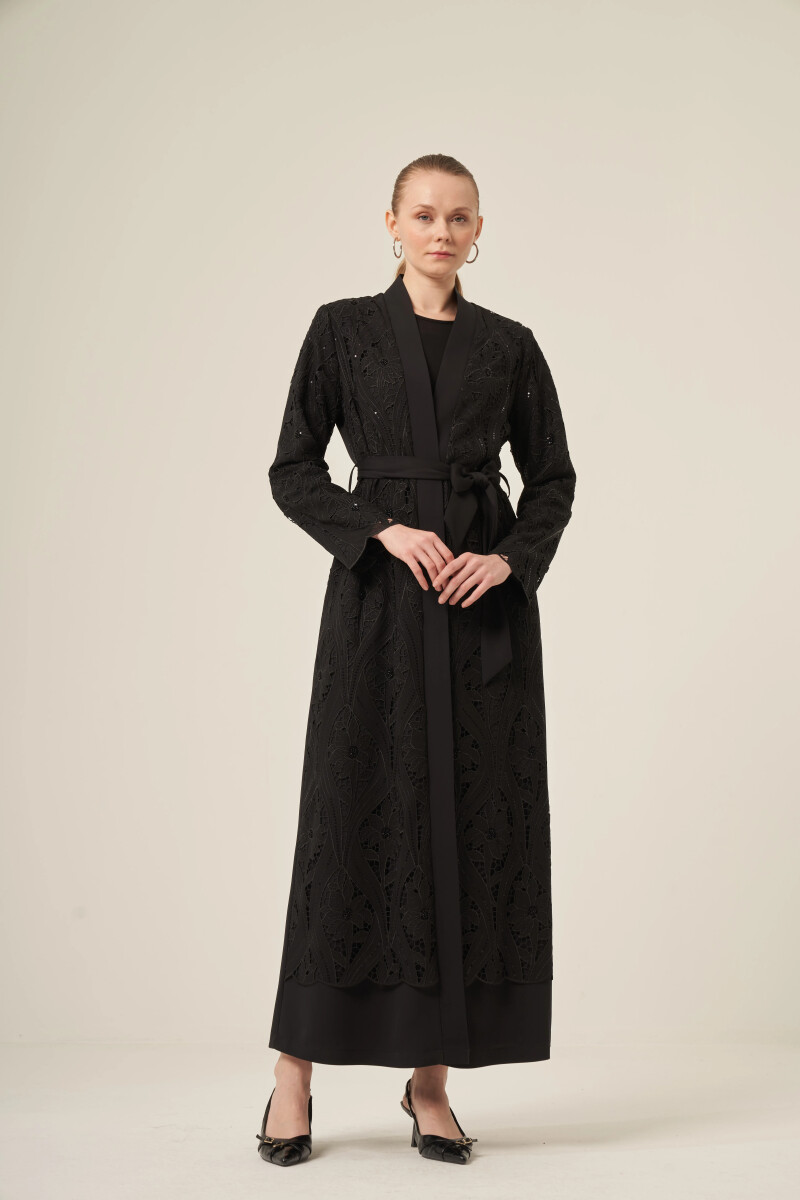 Si̇yah İki̇ Parça Yakma Çi̇çek Desenli̇ Seyyar Kemerli̇ Abaya 6543-25 Si̇yah - Derin Store