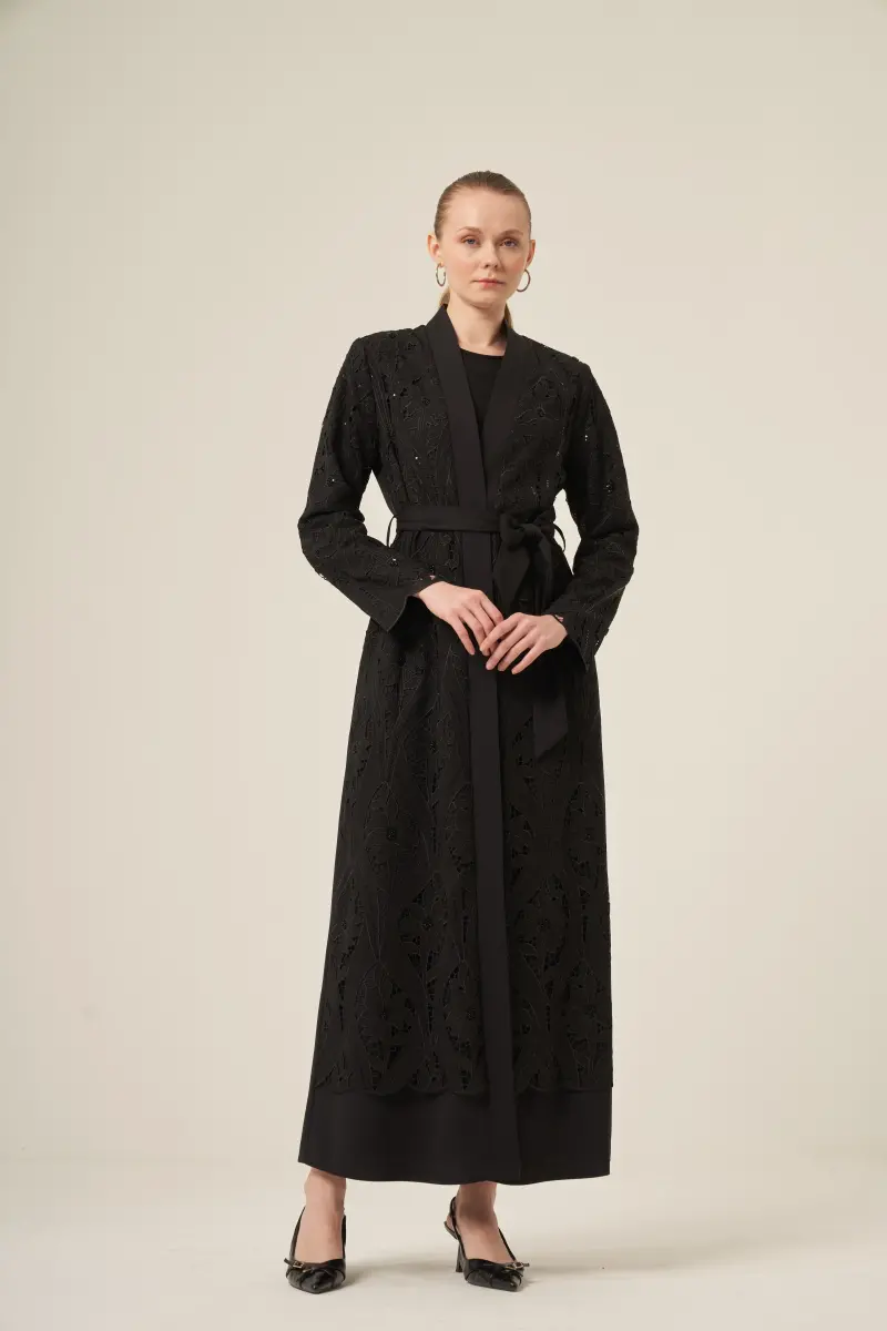 Si̇yah İki̇ Parça Yakma Çi̇çek Desenli̇ Seyyar Kemerli̇ Abaya 6543-25 Si̇yah - 18