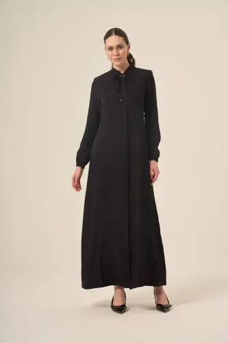 Siyah Jakarlı Kendinden Çiçek Desenli Fermuarlı Ferace 6137 Siyah - Derin Store (1)