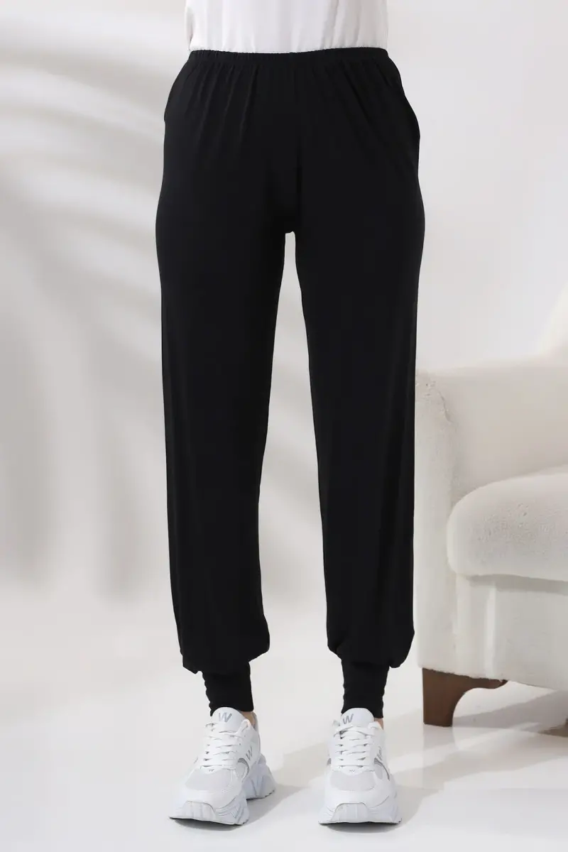 Siyah Kadın Beli Lastikli Rahat Kesim Penye Tesettür Şalvar Pantolon – Umre ve Ferace Altı Günlük Kullanım - 1