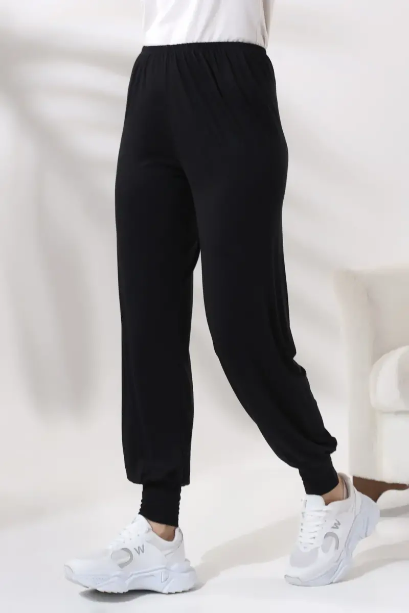 Siyah Kadın Beli Lastikli Rahat Kesim Penye Tesettür Şalvar Pantolon – Umre ve Ferace Altı Günlük Kullanım - 6