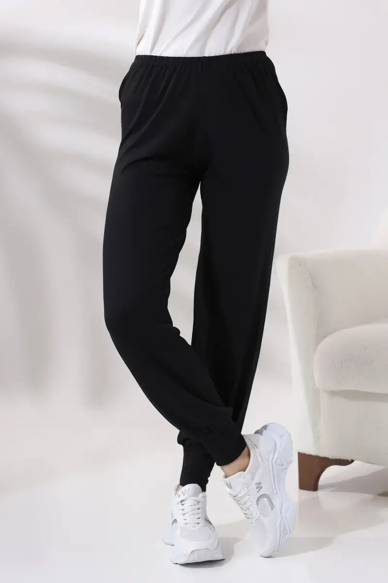 Siyah Kadın Beli Lastikli Rahat Kesim Penye Tesettür Şalvar Pantolon – Umre ve Ferace Altı Günlük Kullanım - 7