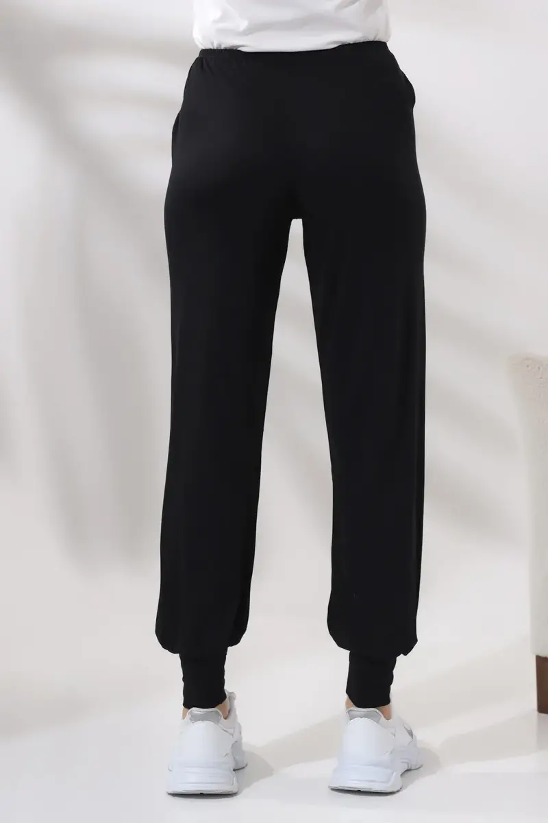 Siyah Kadın Beli Lastikli Rahat Kesim Penye Tesettür Şalvar Pantolon – Umre ve Ferace Altı Günlük Kullanım - 8