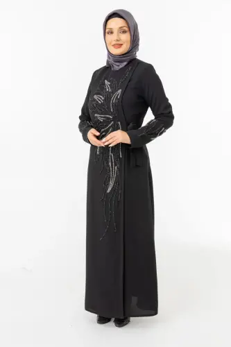 Siyah Kruvaze Bağlamalı Taşlı Abaya Zerenay 5503-25 - 1